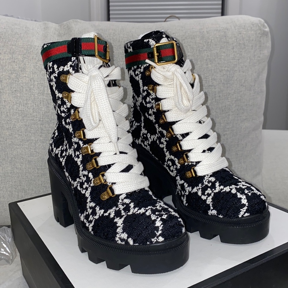 Gucci covered Wool GG Monogram women’s lace up combat boots